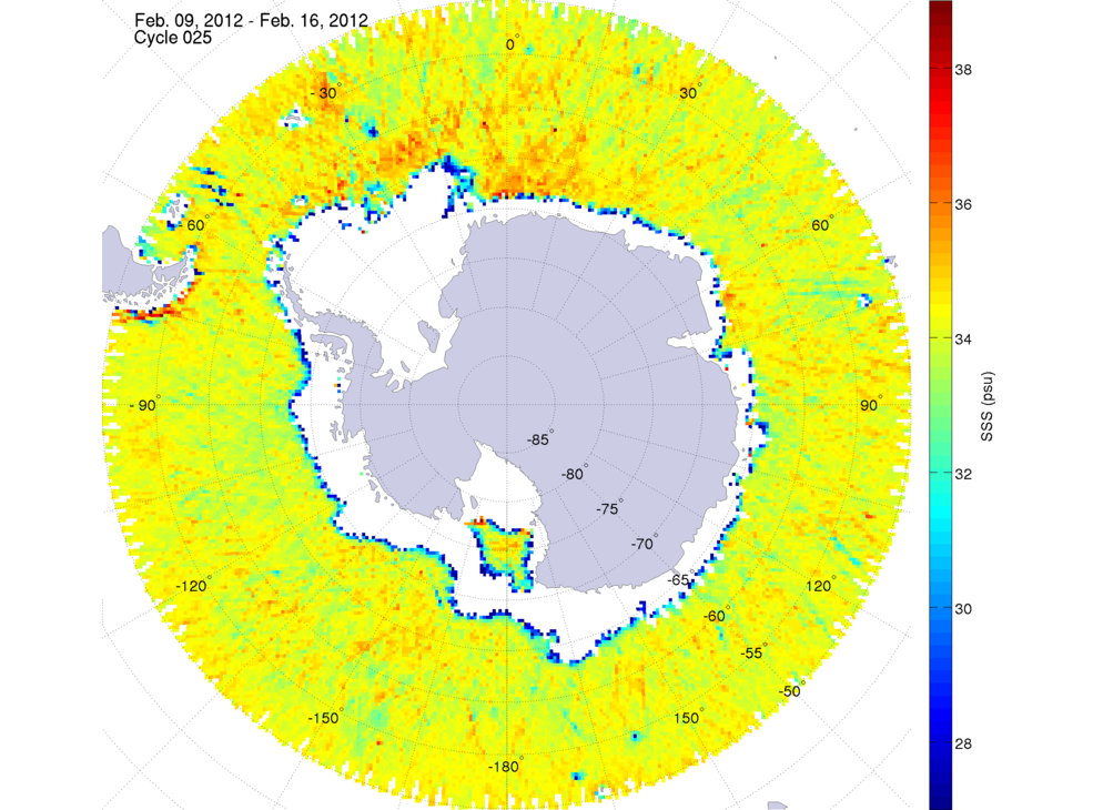 Sea surface salinity map of the southern hemisphere ocean, week ofFebruary 9-16, 2012.