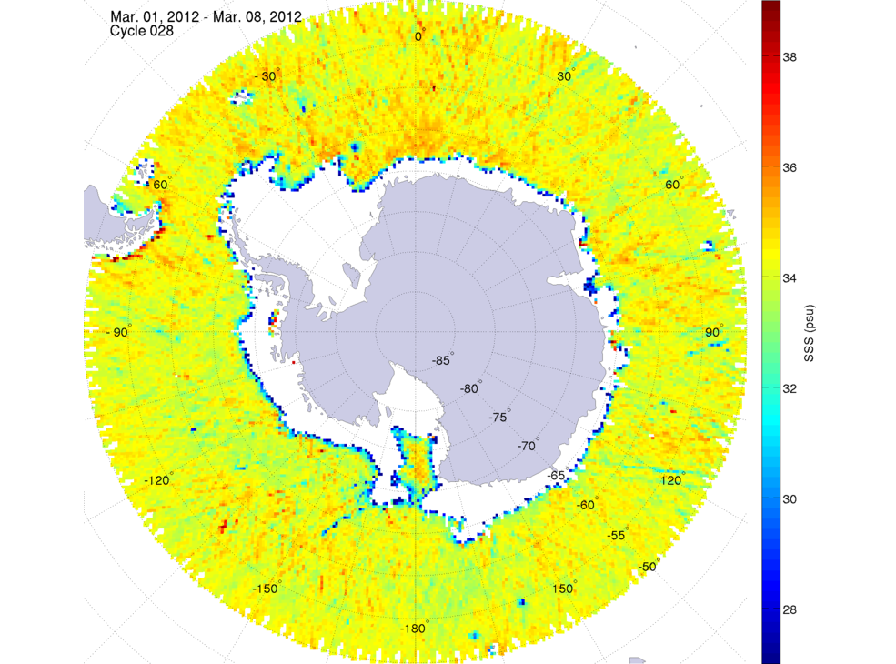 Sea surface salinity map of the southern hemisphere ocean, week ofMarch 1-8, 2012.
