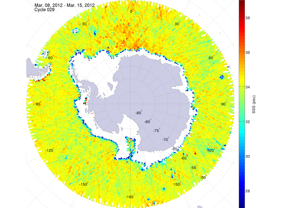 Sea surface salinity map of the southern hemisphere ocean, week ofMarch 8-15, 2012.