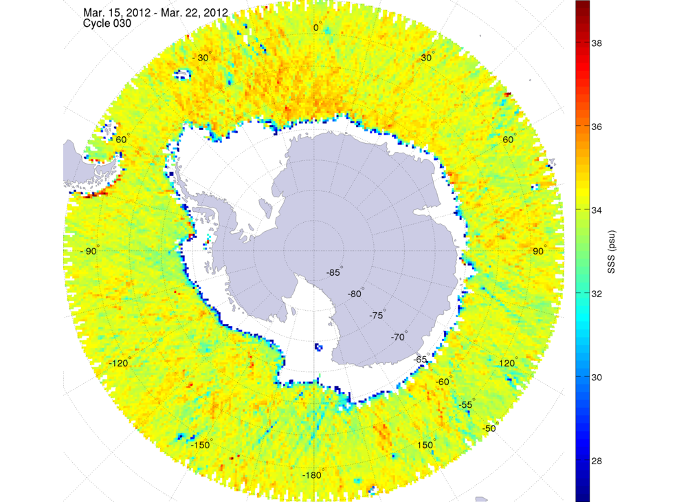 Sea surface salinity map of the southern hemisphere ocean, week ofMarch 15-22, 2012.