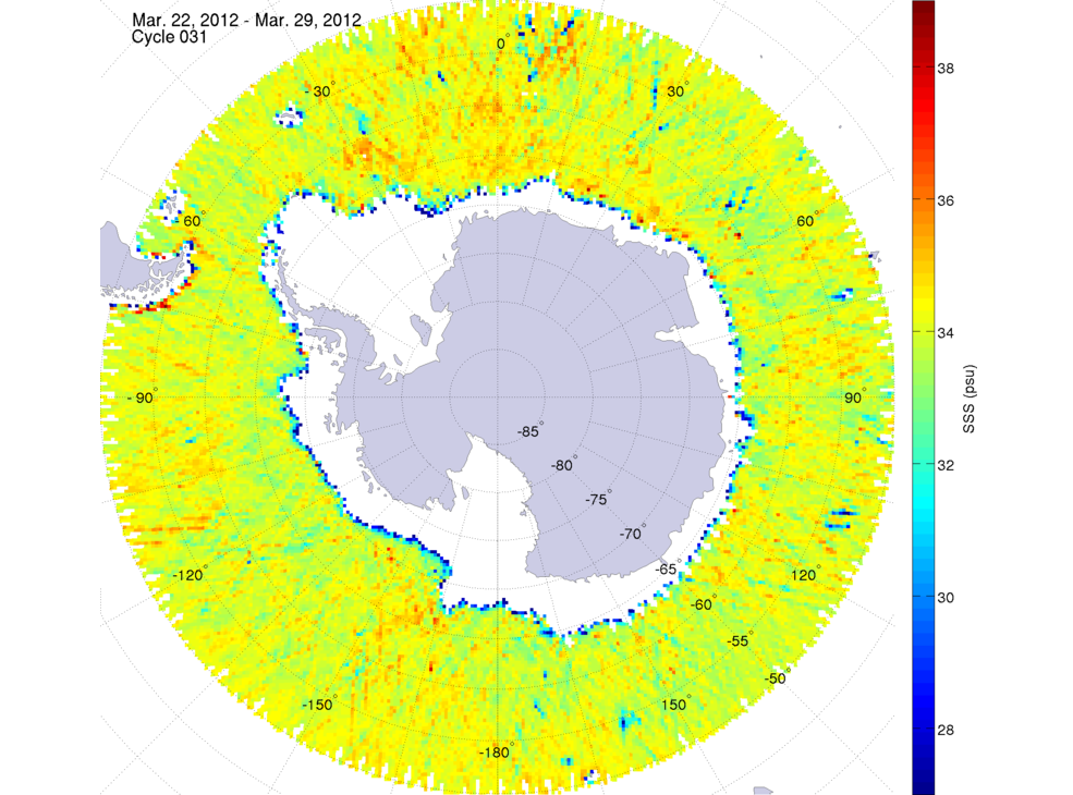 Sea surface salinity map of the southern hemisphere ocean, week ofMarch 22-29, 2012.