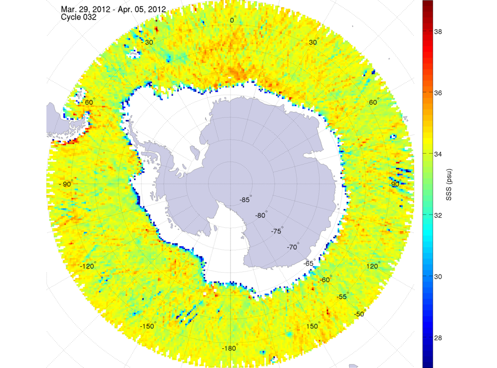 Sea surface salinity map of the southern hemisphere ocean, week ofMarch 29 - April 5, 2012.
