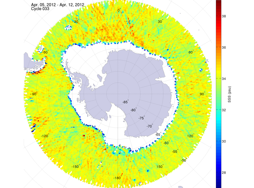 Sea surface salinity map of the southern hemisphere ocean, week ofApril 5-12, 2012.