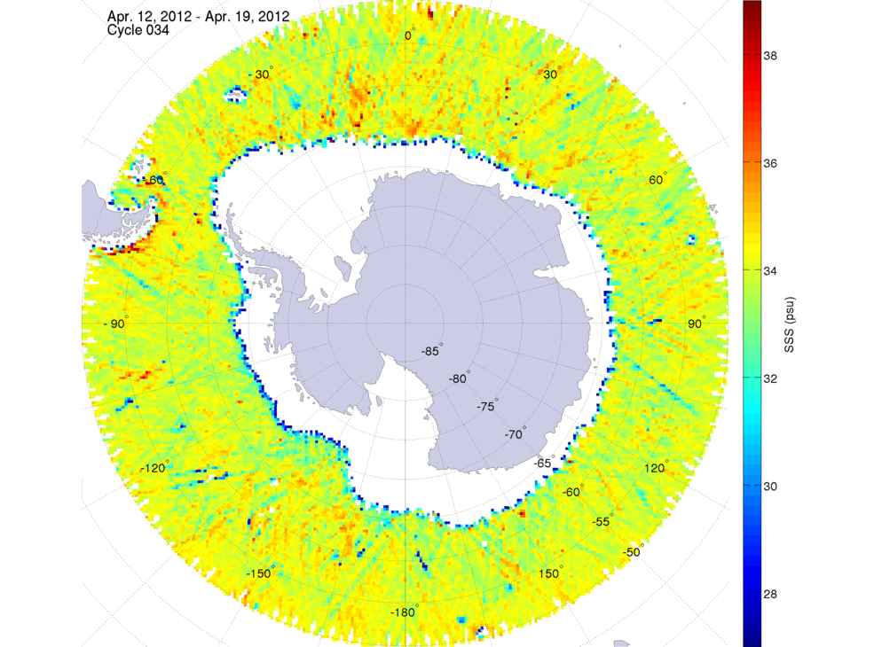 Sea surface salinity map of the southern hemisphere ocean, week ofApril 12-19, 2012.