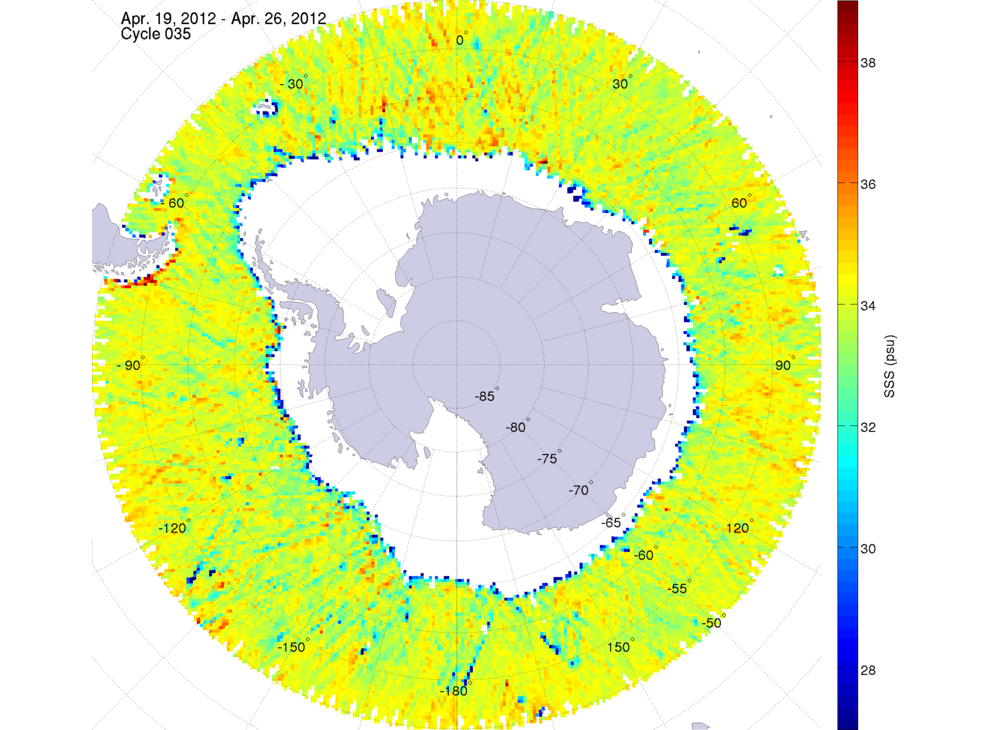 Sea surface salinity map of the southern hemisphere ocean, week ofApril 19-26, 2012.