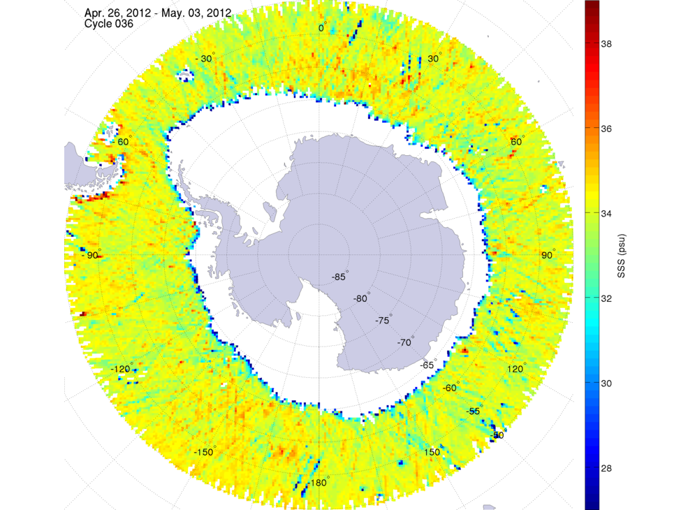 Sea surface salinity map of the southern hemisphere ocean, week ofApril 26 - May 3, 2012.