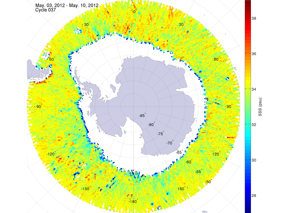 Sea surface salinity map of the southern hemisphere ocean, week ofMay 3-10, 2012.