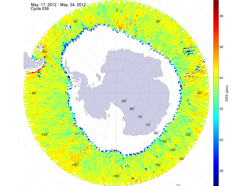 Sea surface salinity map of the southern hemisphere ocean, week ofMay 17-24, 2012.