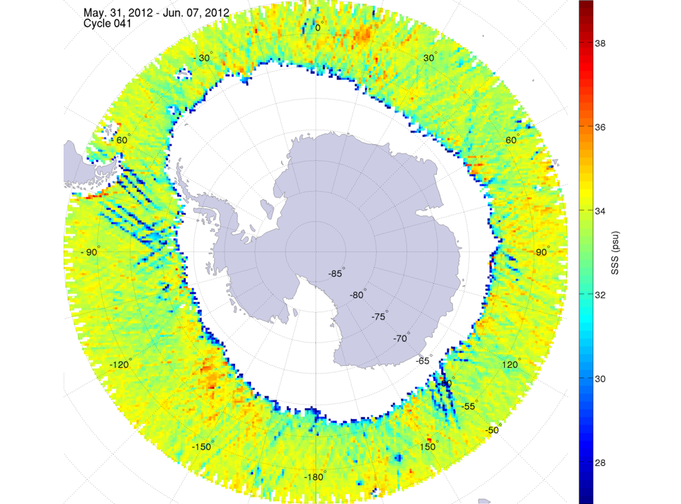 Sea surface salinity map of the southern hemisphere ocean, week ofMay 31 - June 7, 2012.