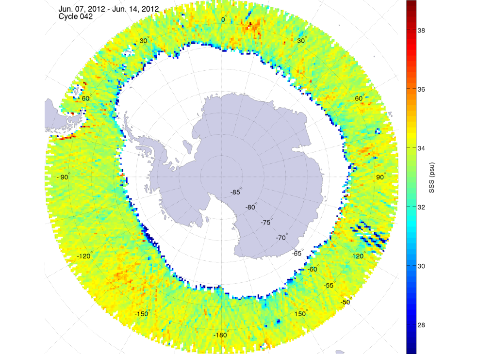 Sea surface salinity map of the southern hemisphere ocean, week ofJune 7-14, 2012.