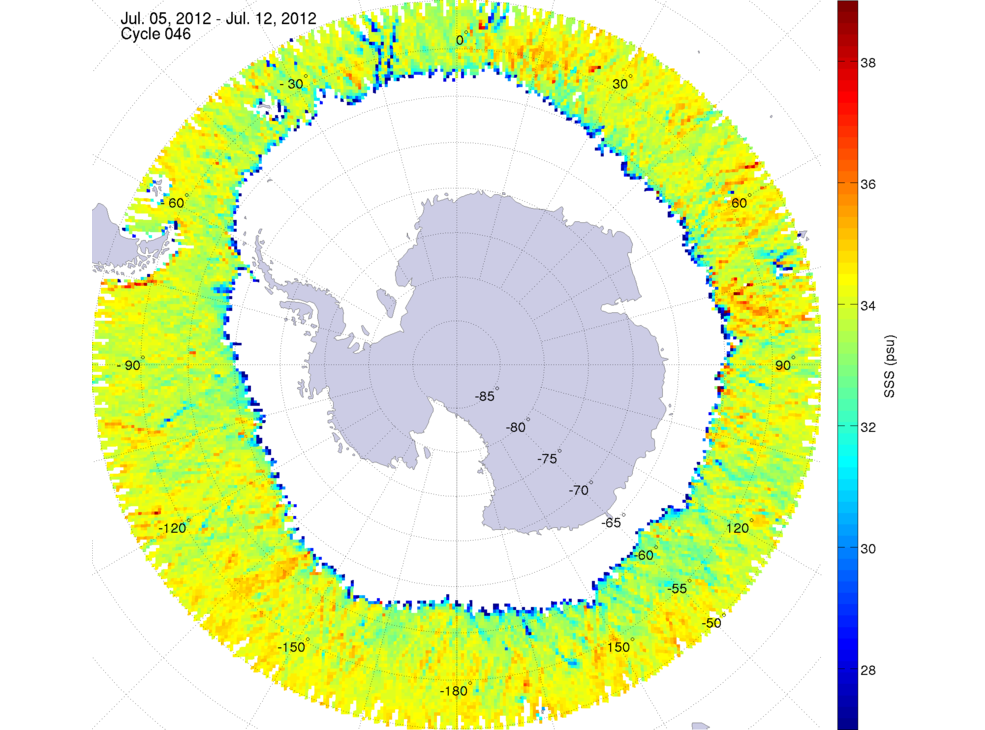 Sea surface salinity map of the southern hemisphere ocean, week ofJuly 5-12, 2012.