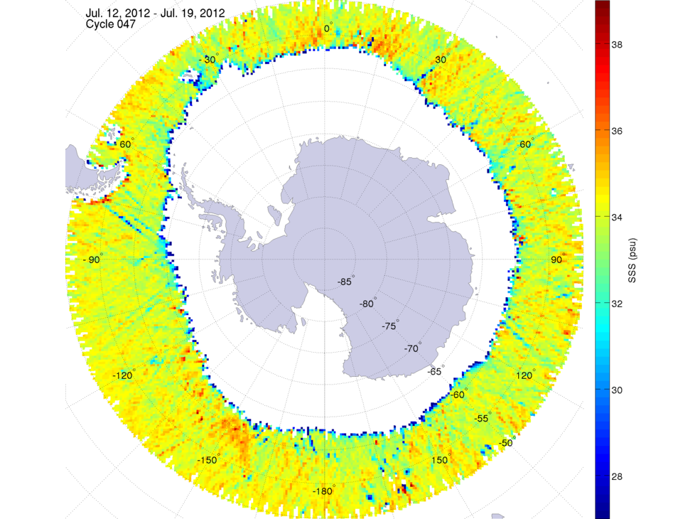 Sea surface salinity map of the southern hemisphere ocean, week ofJuly 12-19, 2012.