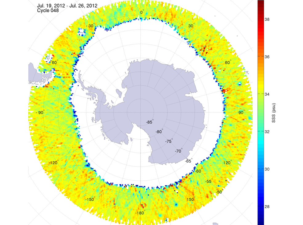 Sea surface salinity map of the southern hemisphere ocean, week ofJuly 19-26, 2012.