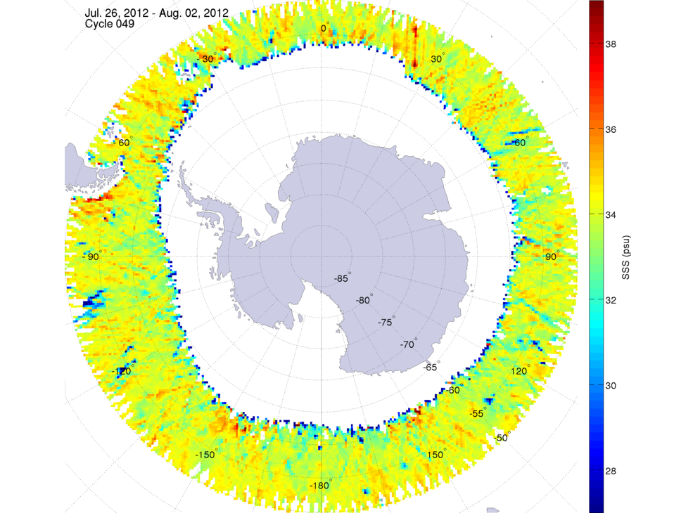 Sea surface salinity map of the southern hemisphere ocean, week ofJuly 26 - August 2, 2012.