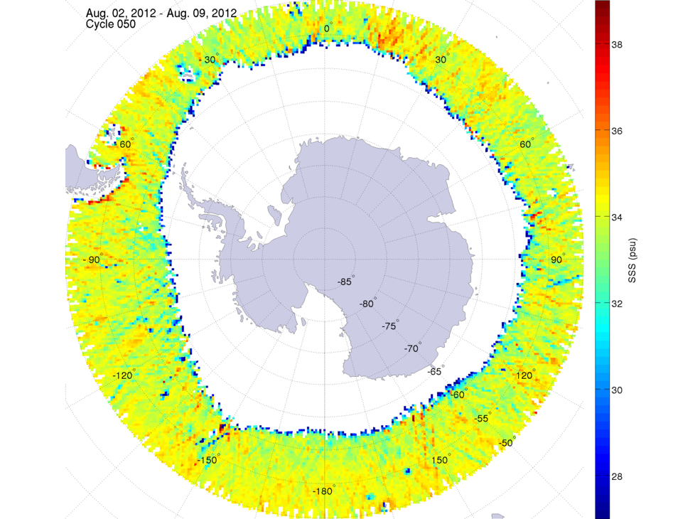 Sea surface salinity map of the southern hemisphere ocean, week ofAugust 2-9, 2012.