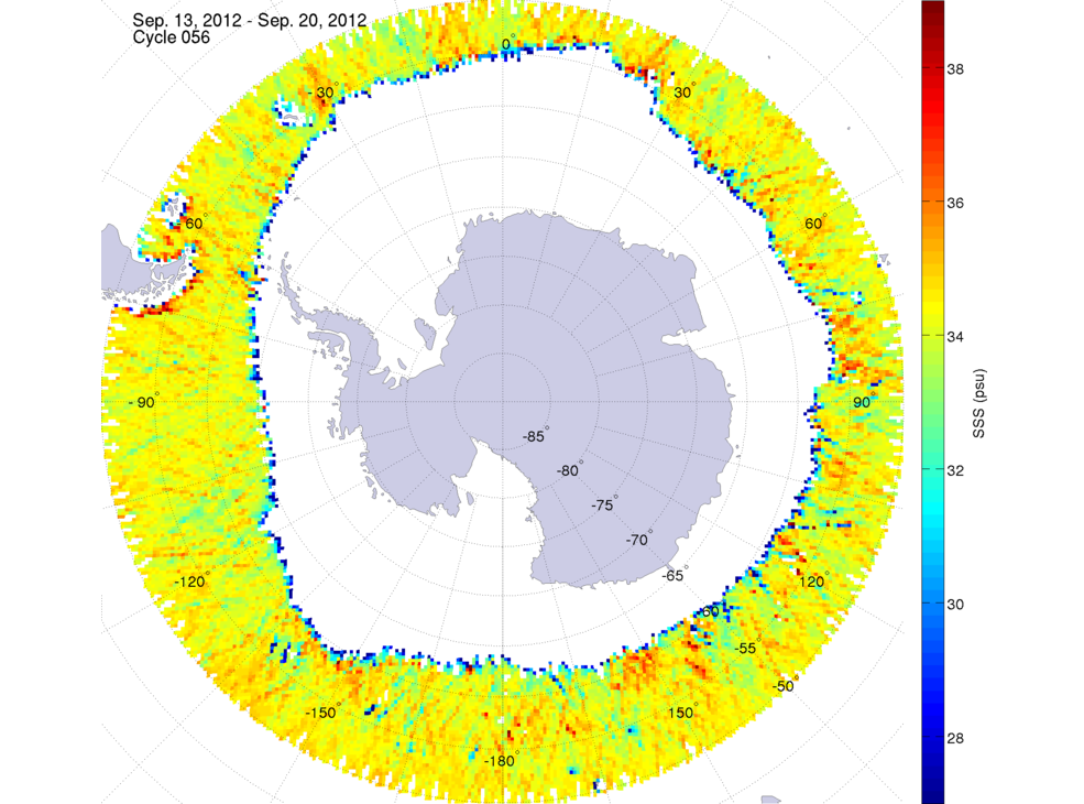 Sea surface salinity map of the southern hemisphere ocean, week ofSeptember 13-20, 2012.