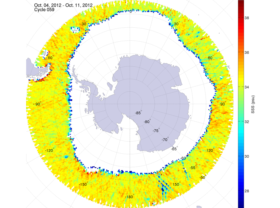 Sea surface salinity map of the southern hemisphere ocean, week ofOctober 4-11, 2012.