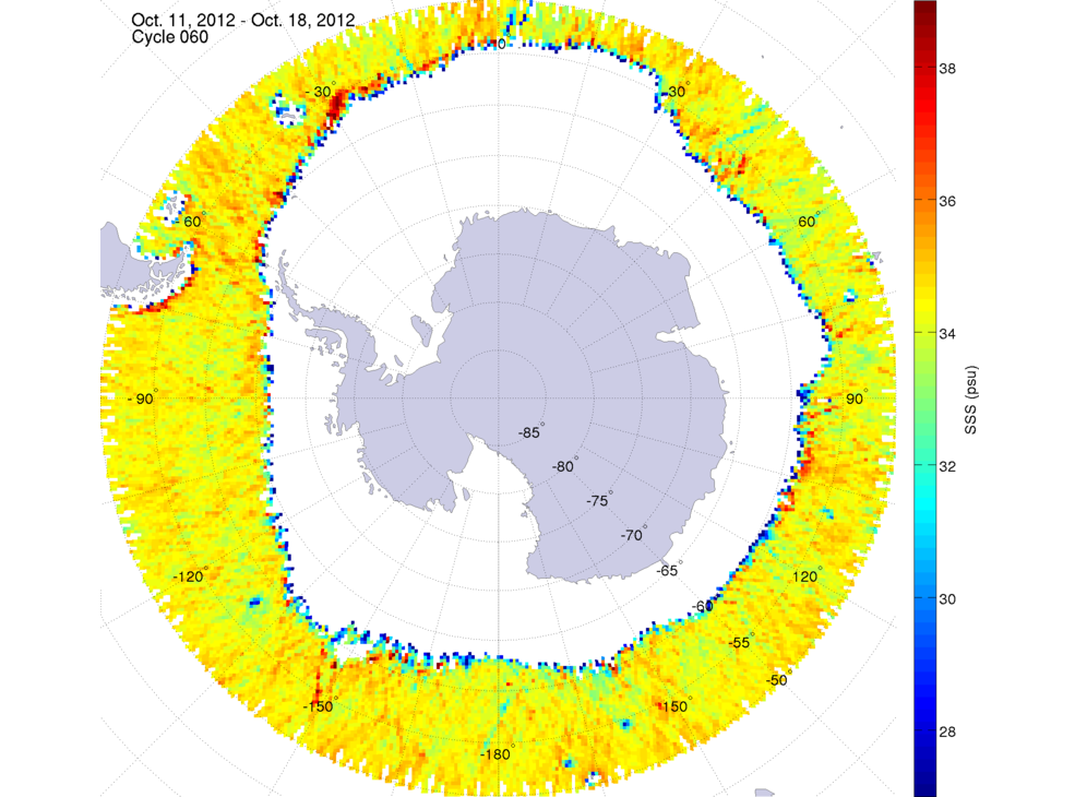 Sea surface salinity map of the southern hemisphere ocean, week ofOctober 11-18, 2012.