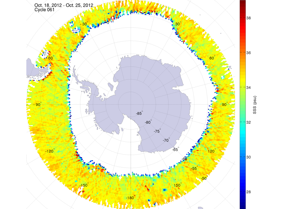Sea surface salinity map of the southern hemisphere ocean, week ofOctober 18-25, 2012.