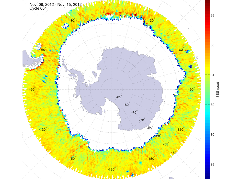 Sea surface salinity map of the southern hemisphere ocean, week ofNovember 8-15, 2012.