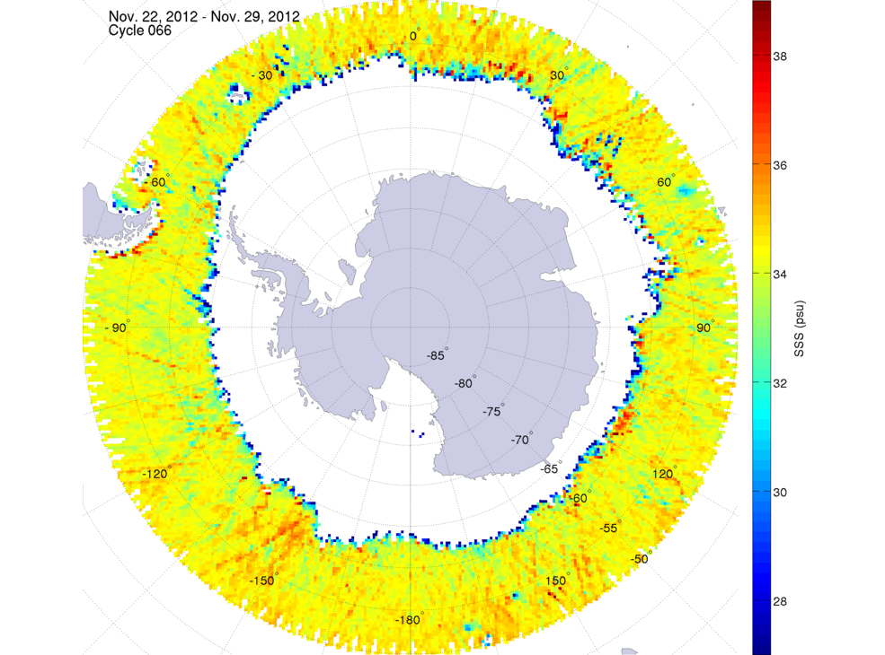 Sea surface salinity map of the southern hemisphere ocean, week ofNovember 22-29, 2012.