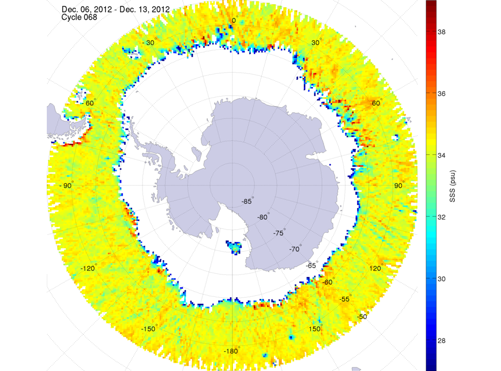 Sea surface salinity map of the southern hemisphere ocean, week ofDecember 6-13, 2012.