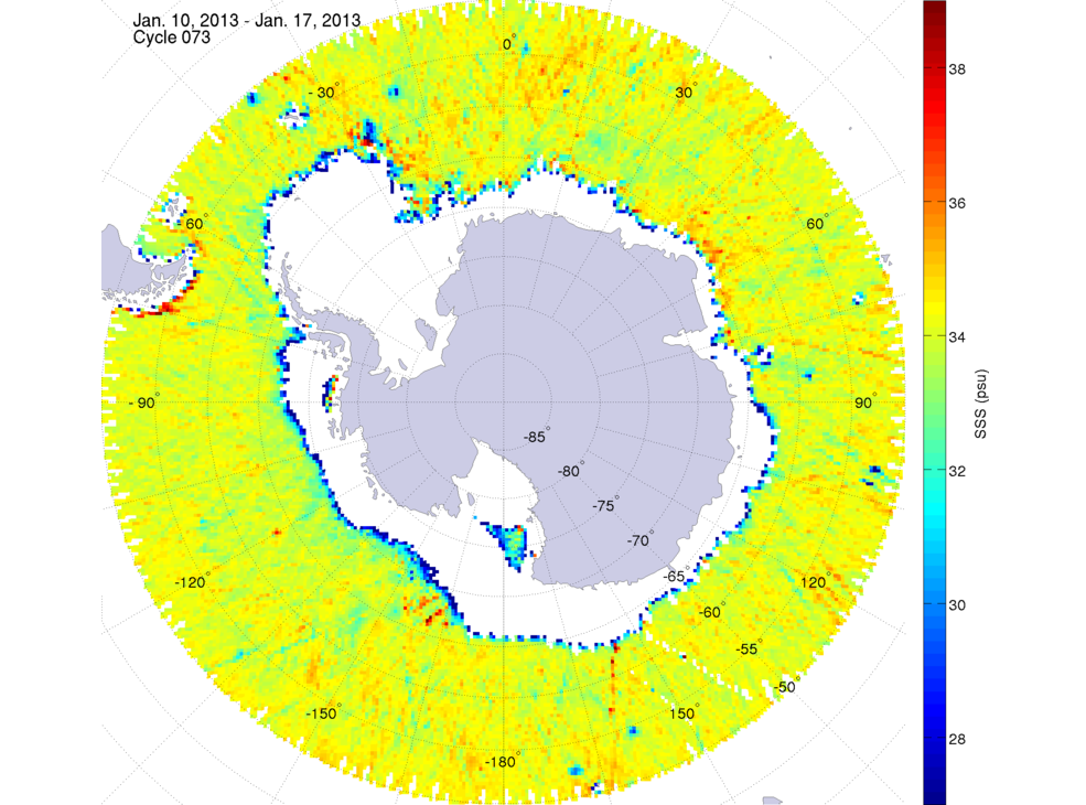 Sea surface salinity map of the southern hemisphere ocean, week ofJanuary 10-17, 2013.