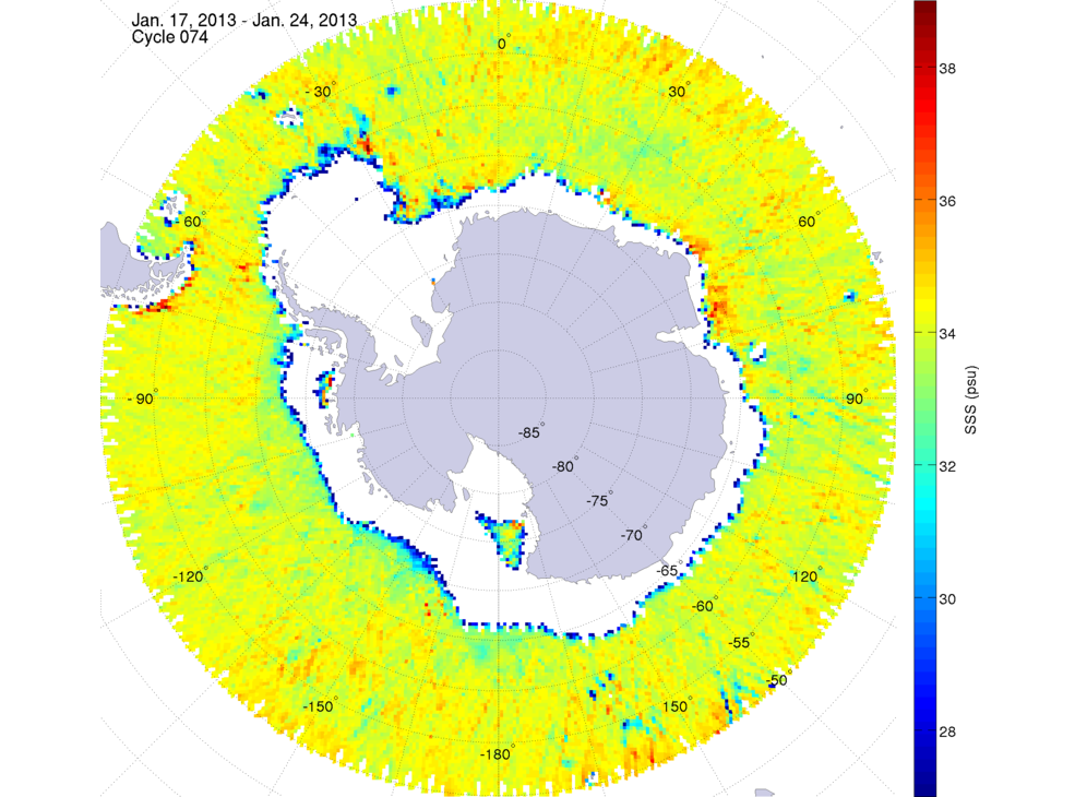 Sea surface salinity map of the southern hemisphere ocean, week ofJanuary 17-24, 2013.