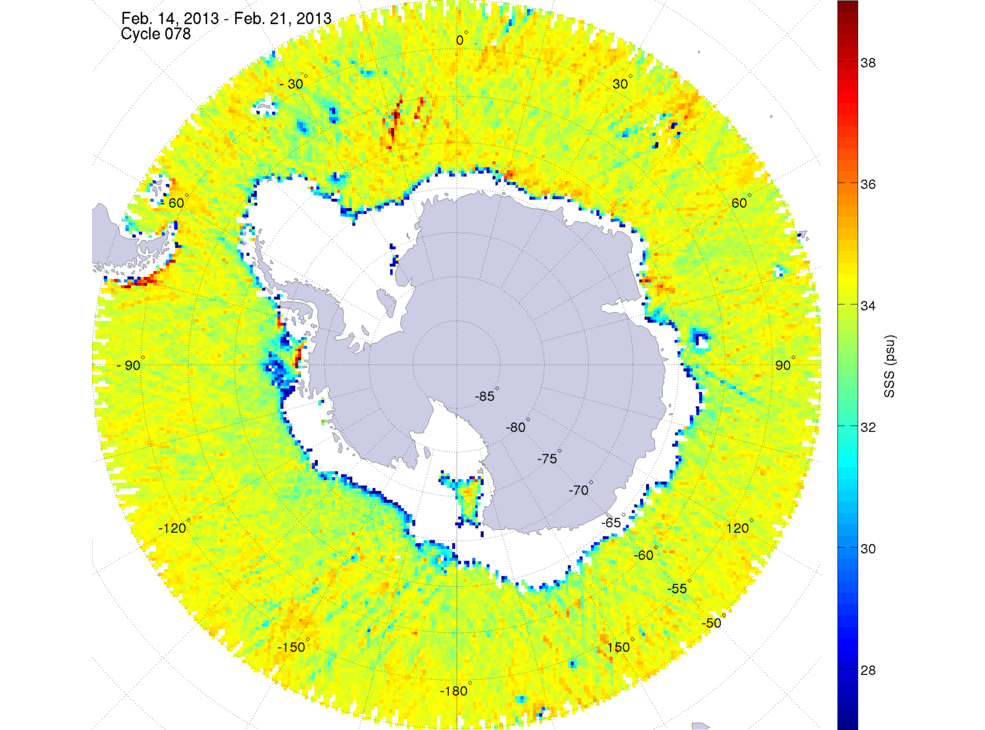 Sea surface salinity map of the southern hemisphere ocean, week ofFebruary 14-21, 2013.