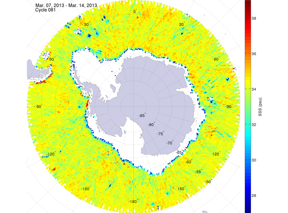 Sea surface salinity map of the southern hemisphere ocean, week ofMarch 7-14, 2013.