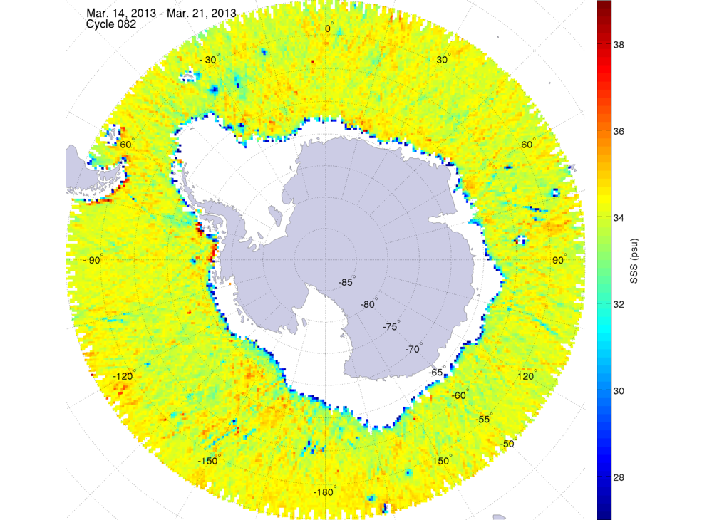 Sea surface salinity map of the southern hemisphere ocean, week ofMarch 14-21, 2013.
