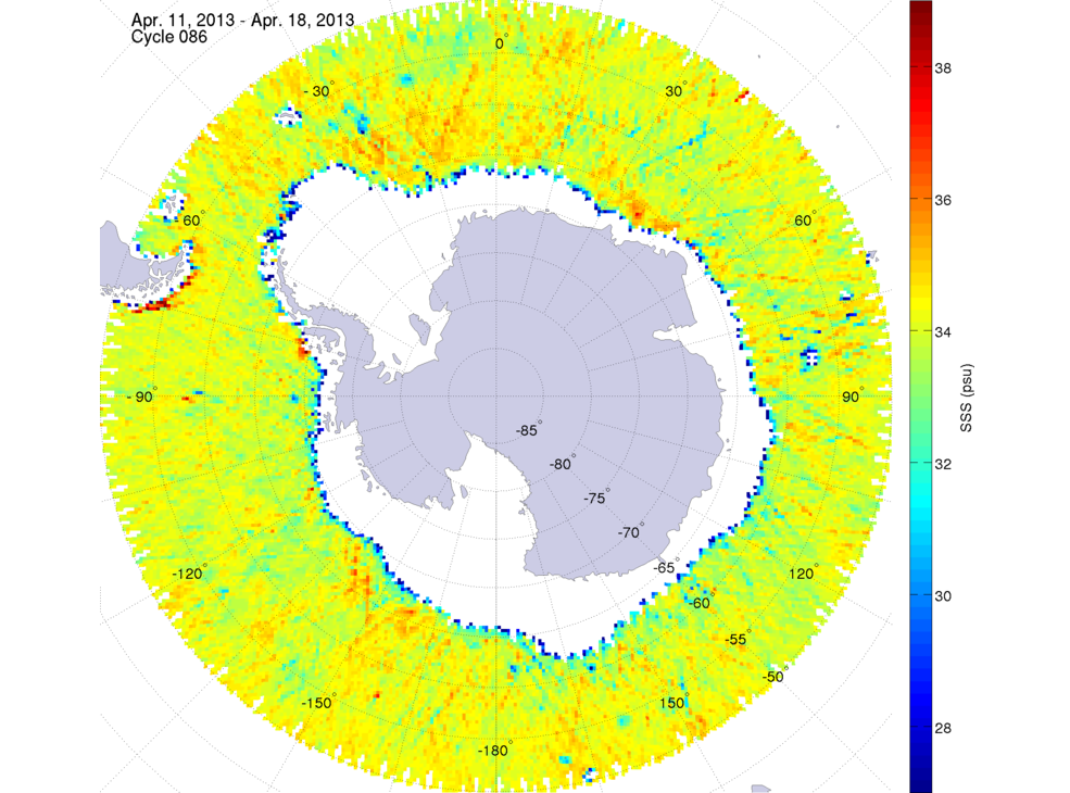 Sea surface salinity map of the southern hemisphere ocean, week ofApril 11-18, 2013.