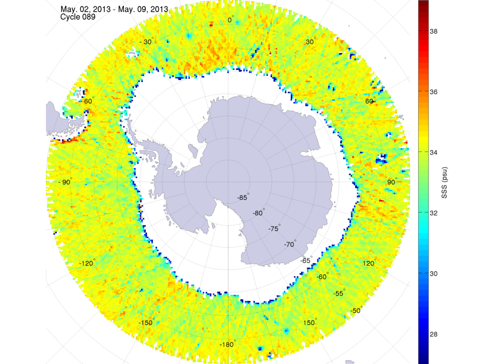 Sea surface salinity map of the southern hemisphere ocean, week ofMay 2-9, 2013.