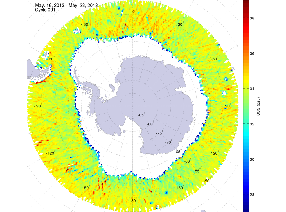 Sea surface salinity map of the southern hemisphere ocean, week ofMay 16-23, 2013.