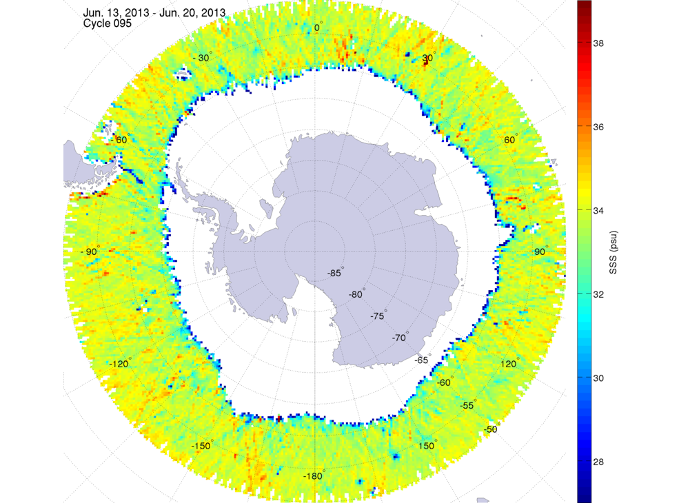 Sea surface salinity map of the southern hemisphere ocean, week ofJune 13-20, 2013.