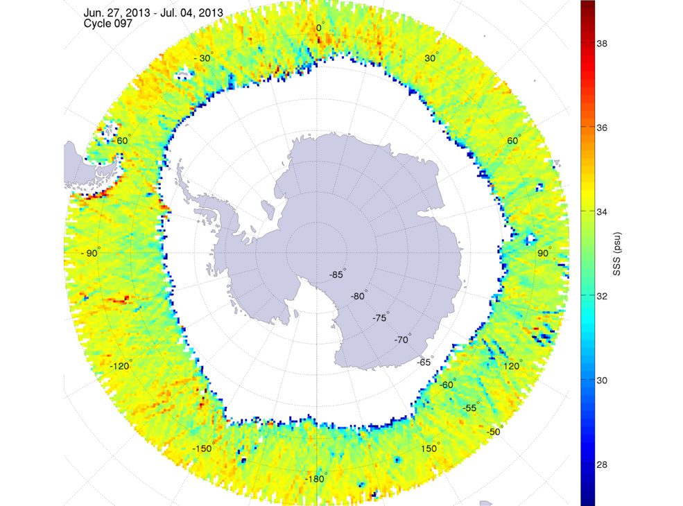 Sea surface salinity map of the southern hemisphere ocean, week ofJune 27 - July 4, 2013.