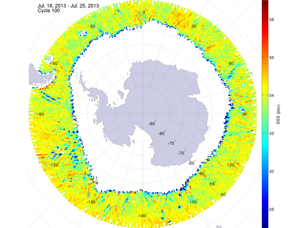 Sea surface salinity map of the southern hemisphere ocean, week ofJuly 18-25, 2013.