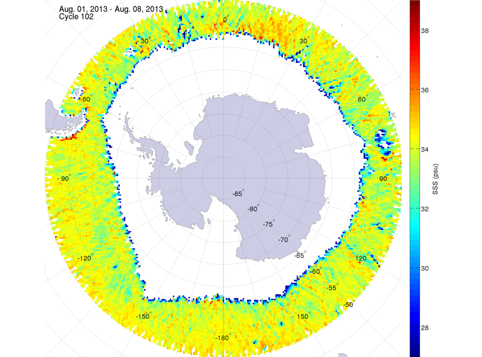 Sea surface salinity map of the southern hemisphere ocean, week ofAugust 1-8, 2013.