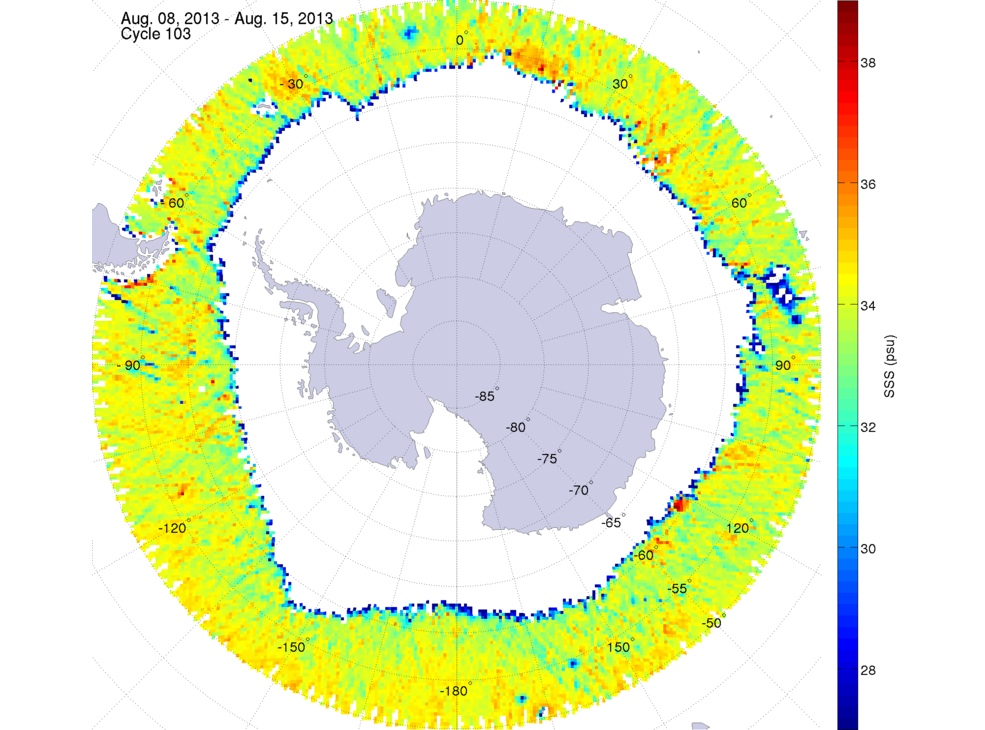 Sea surface salinity map of the southern hemisphere ocean, week ofAugust 8-15, 2013.