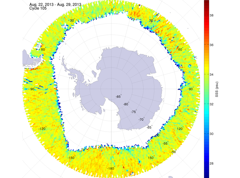 Sea surface salinity map of the southern hemisphere ocean, week ofAugust 22-29, 2013.