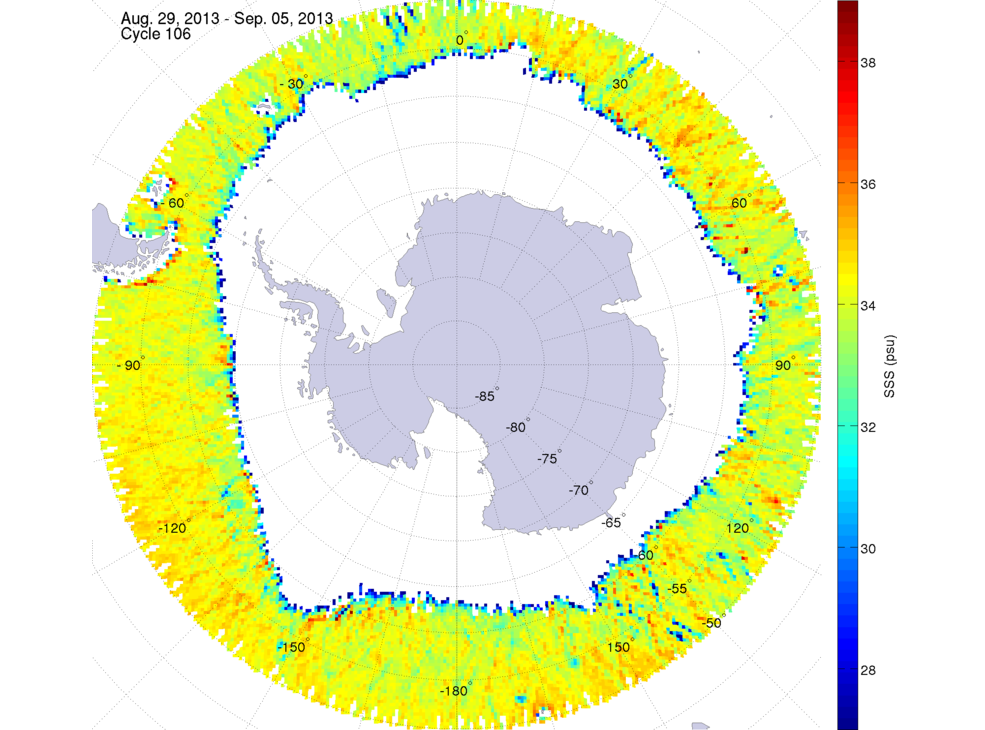 Sea surface salinity map of the southern hemisphere ocean, week ofAugust 29 - September 5, 2013.