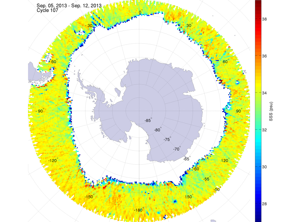 Sea surface salinity map of the southern hemisphere ocean, week ofSeptember 5-12, 2013.