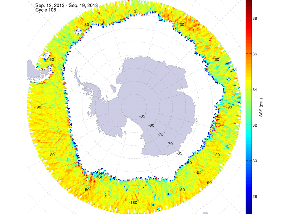 Sea surface salinity map of the southern hemisphere ocean, week ofSeptember 12-19, 2013.