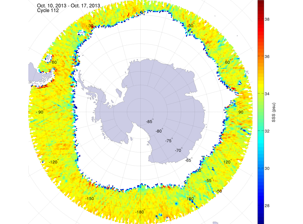 Sea surface salinity map of the southern hemisphere ocean, week ofOctober 10-17, 2013.