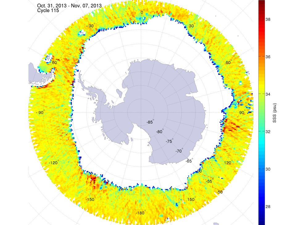 Sea surface salinity map of the southern hemisphere ocean, week ofOctober 31 - November 7, 2013.
