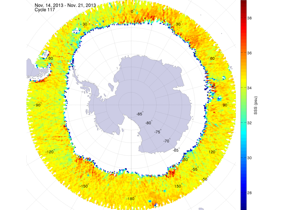 Sea surface salinity map of the southern hemisphere ocean, week ofNovember 14-21, 2013.