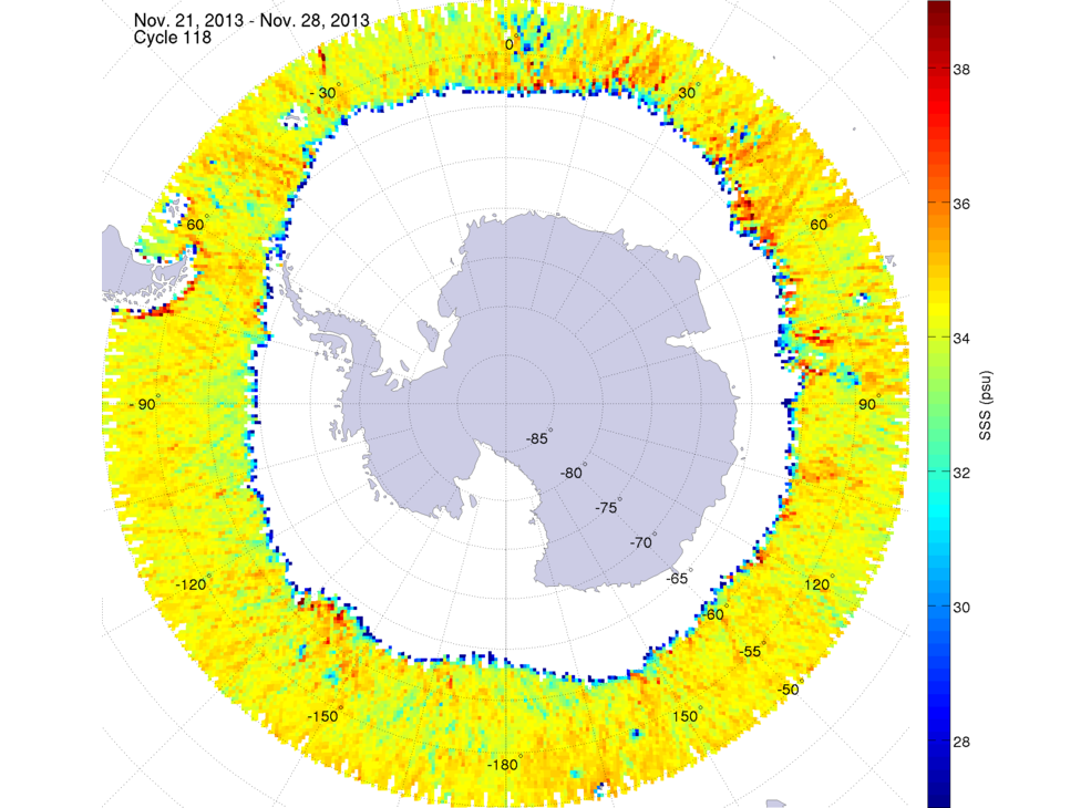 Sea surface salinity map of the southern hemisphere ocean, week ofNovember 21-28, 2013.