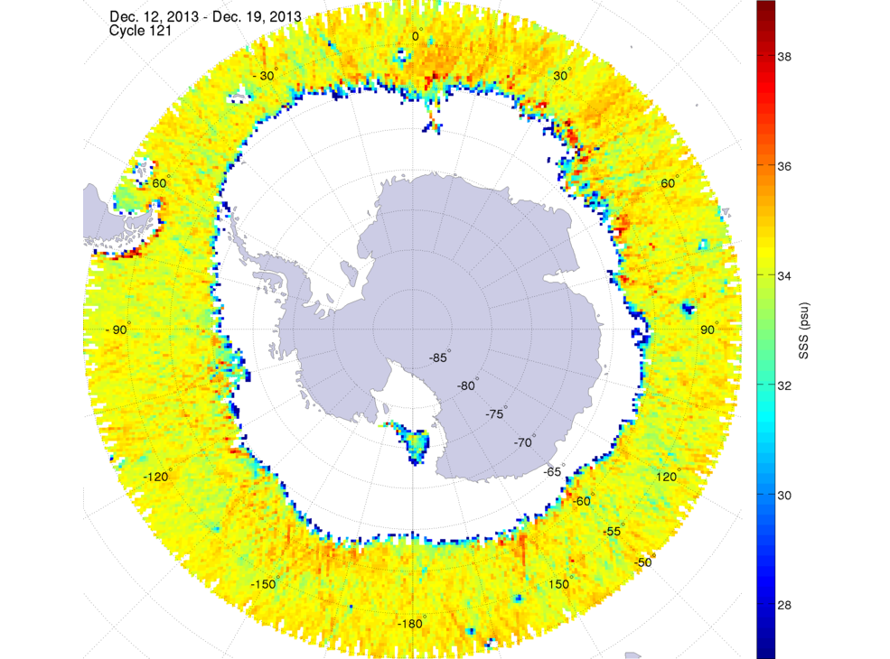 Sea surface salinity map of the southern hemisphere ocean, week ofDecember 12-19, 2013.