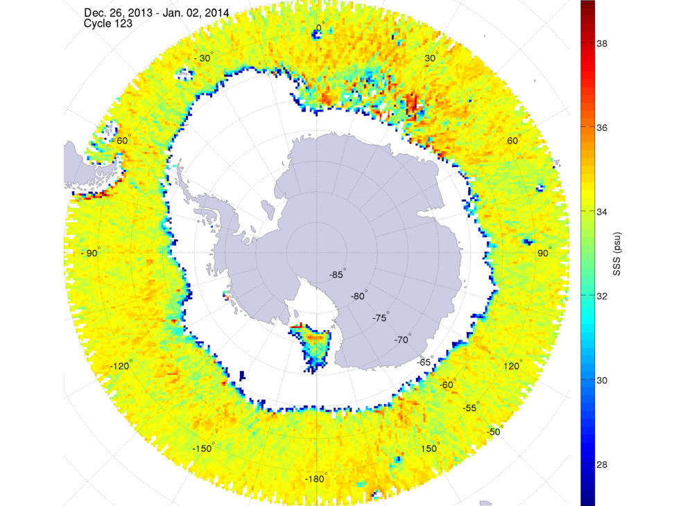 Sea surface salinity map of the southern hemisphere ocean, week ofDecember 26, 2013 - January 2, 2014.