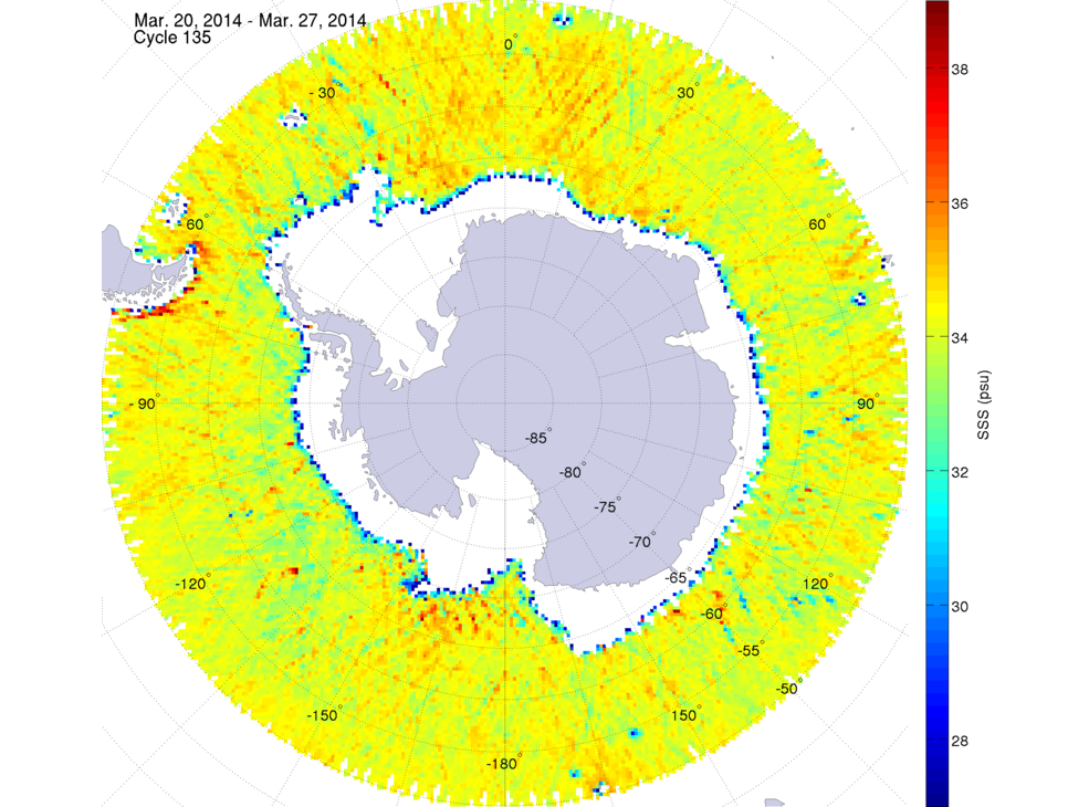 Sea surface salinity map of the southern hemisphere ocean, week ofMarch 20-27, 2014.
